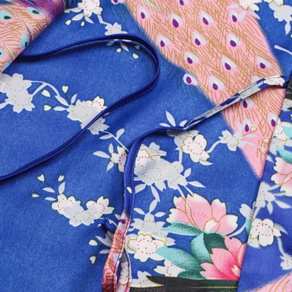 Kimono floral long sleeve blue wrap around dress size XL - Picture 4 of 7